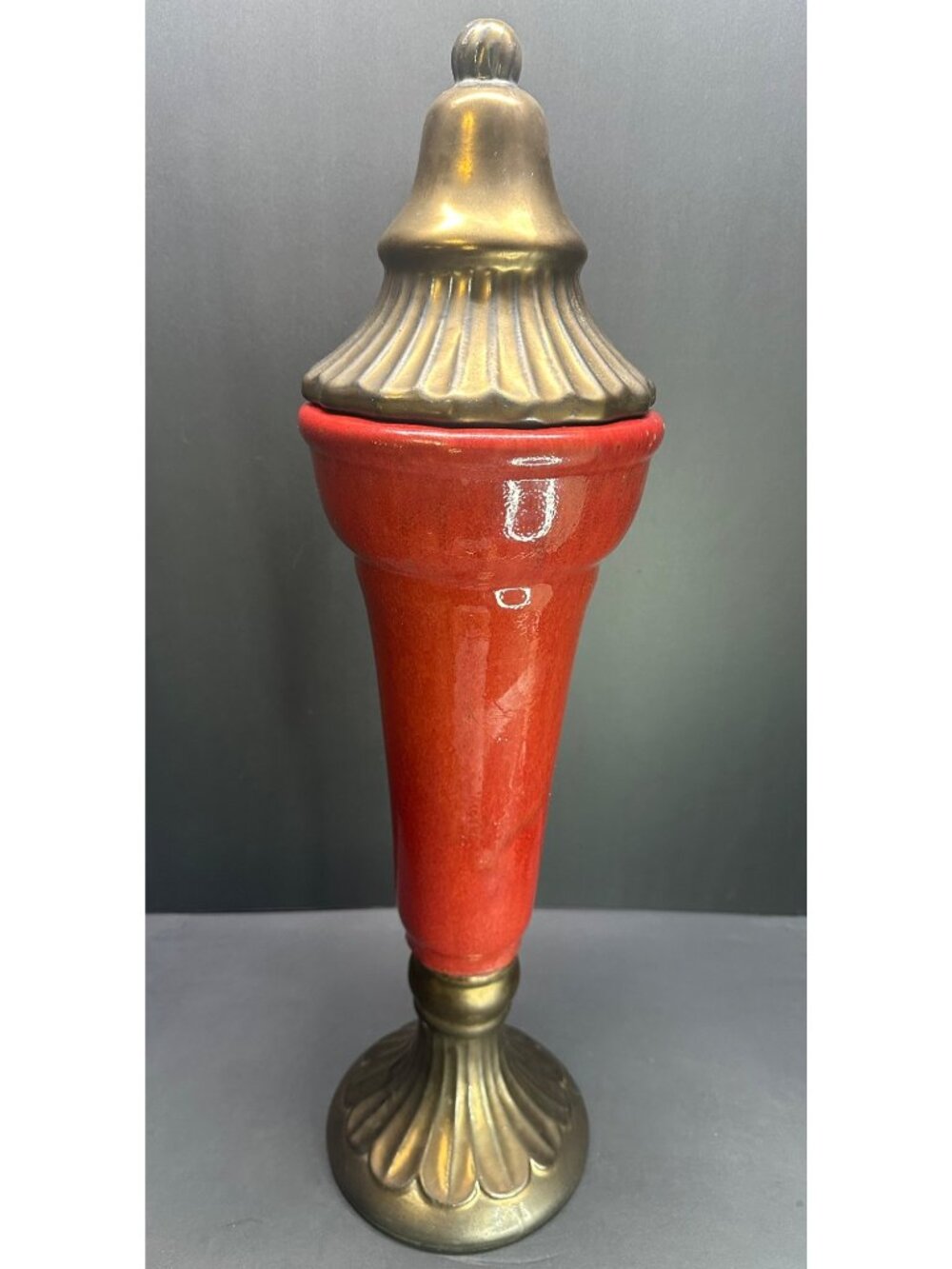 Vtg Ceramic Footed Bowl Compote Oxblood Red Brass Color Decor w/ Lid 22.5" Tall